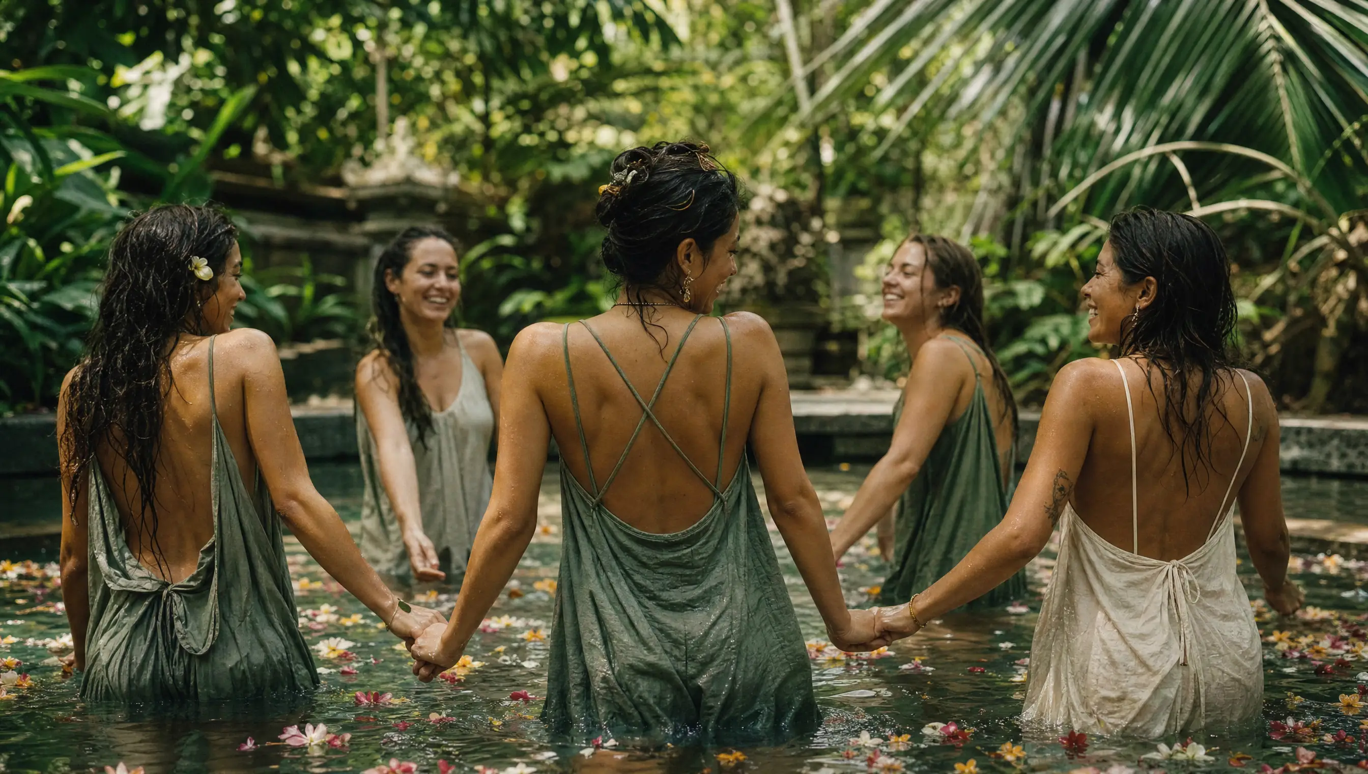 Ženy v prírodnom bazéne s kvetmi frangipani na Bali