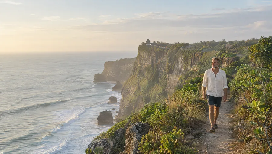 Muž v ľanovej košeli kráča po chodníku na útese nad oceánom na Bali v rannom svetle